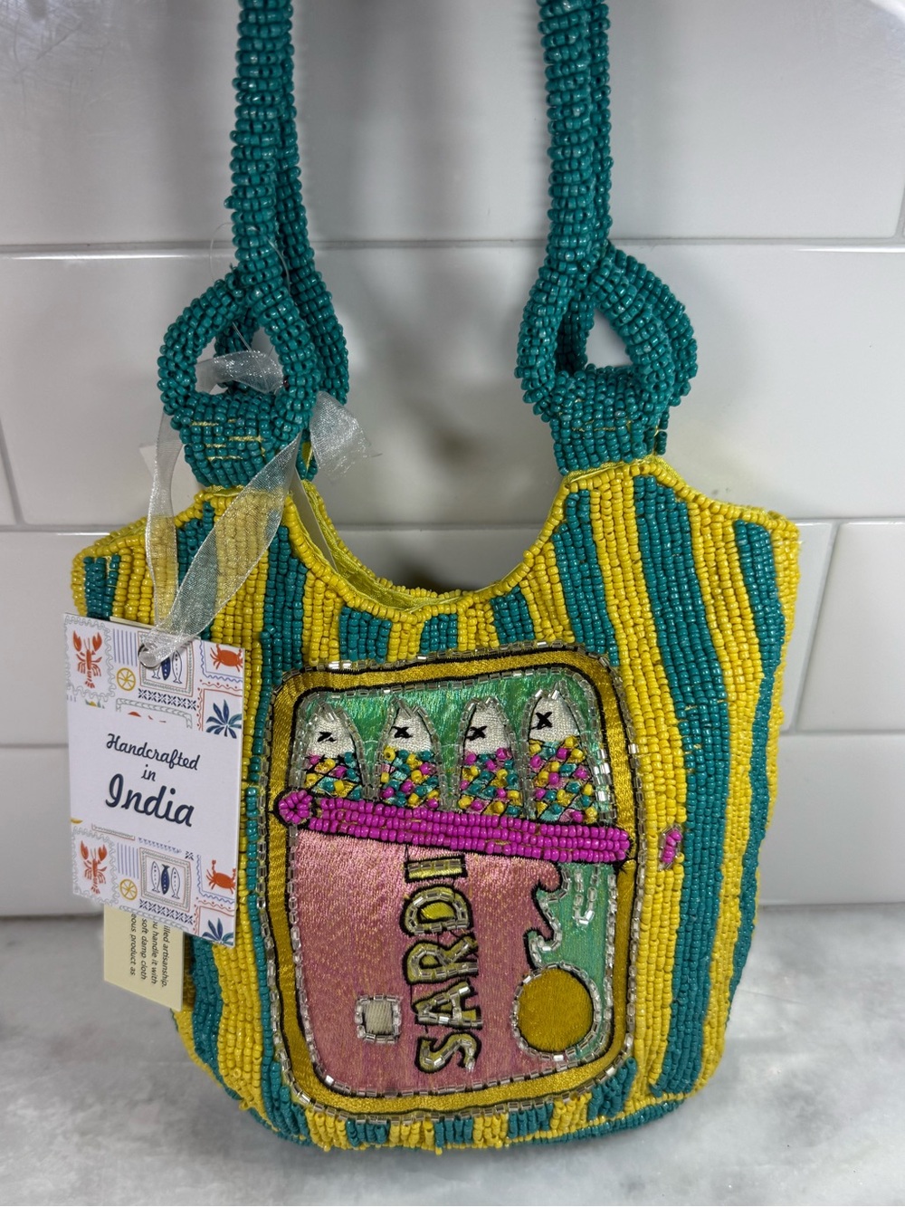 NEW RELEASE Made In India Beaded Bag Yellow Turquoise Stripe Sardine Purse NWT